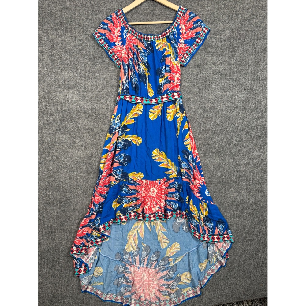 Flying‎ Tomato Size Medium Maxi Dress Blue Floral Tropical High Low Tie Waist